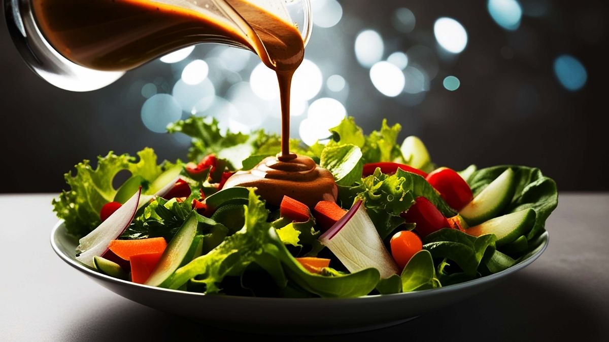 Bunter Salat der mit Dressing überschüttet wird